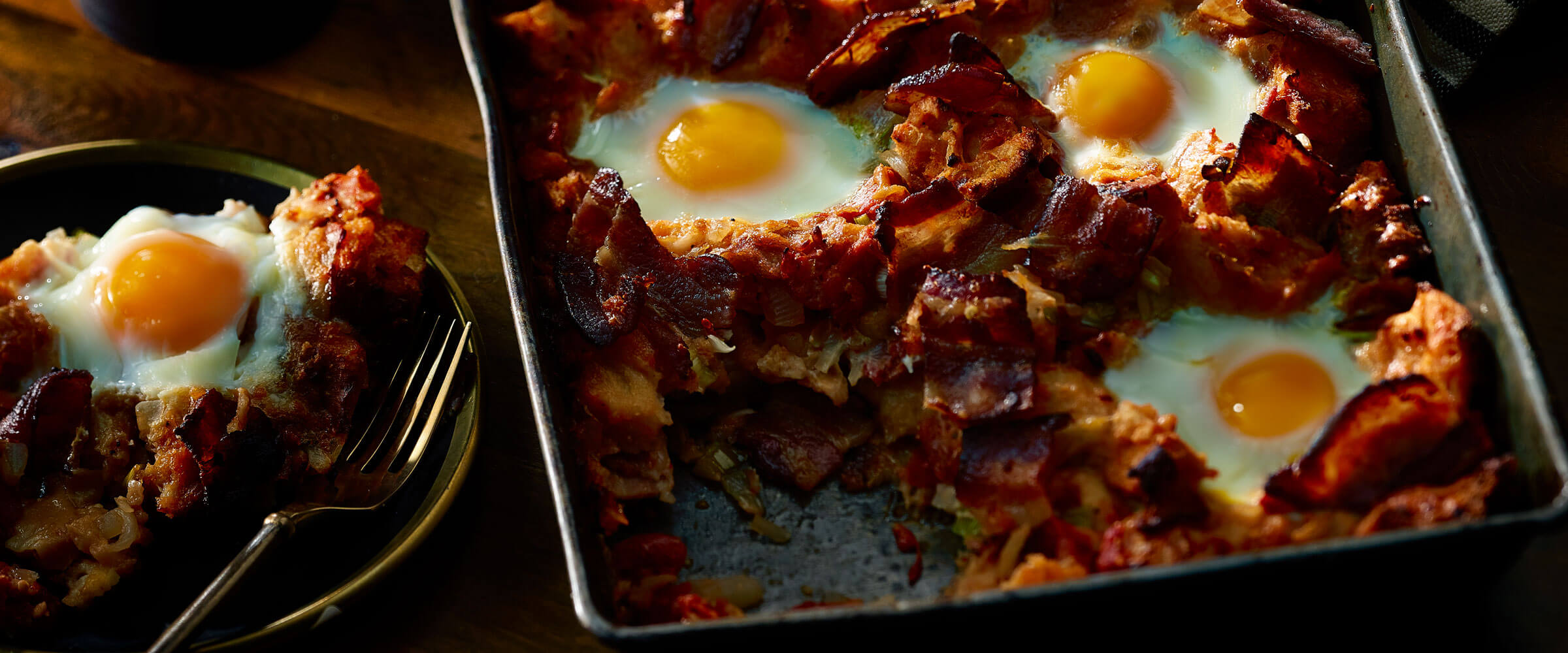 Bacon Egg Tomato Bake in metal pan