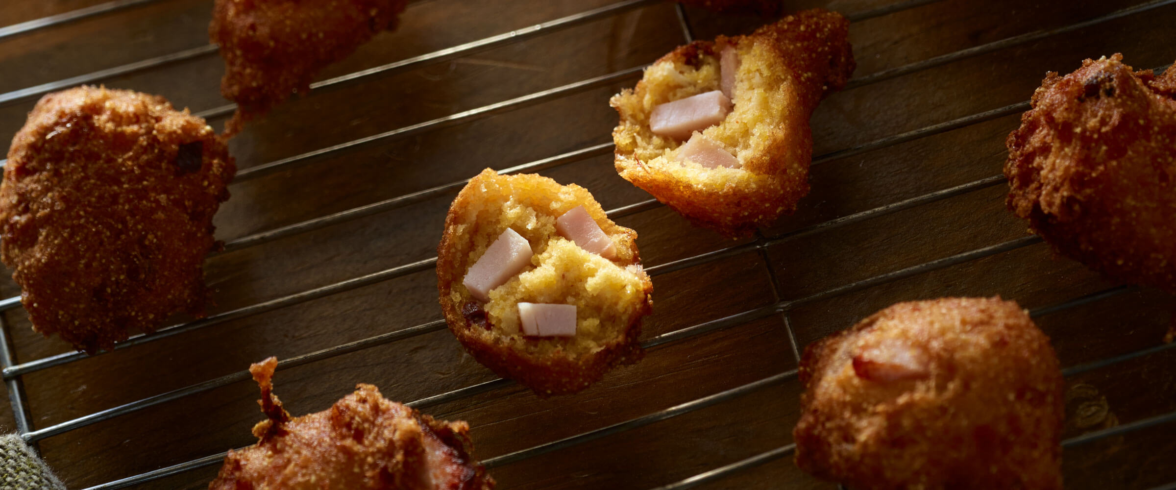 Canadian Bacon Fritters on metal rack
