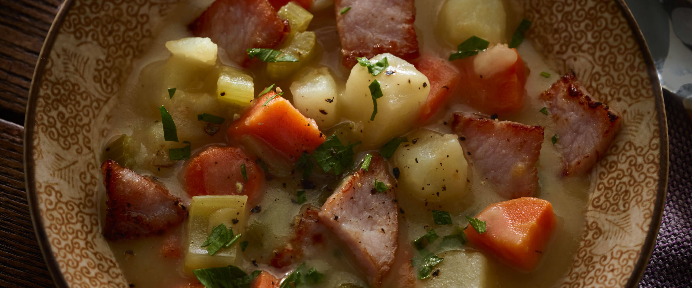 Canadian Bacon Vegetable Soup in bowl