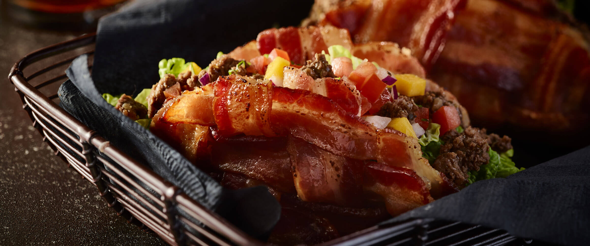 Bacon Weave Taco in wire serving basket