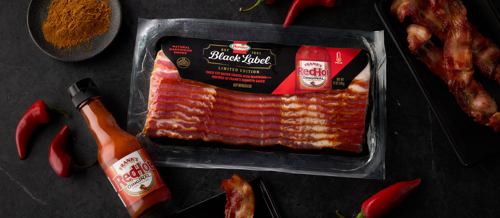 HORMEL® BLACK LABEL® Limited Edition* Thick Cut Bacon Coated with Seasoning Inspired By FRANK’S REDHOT® Sauce