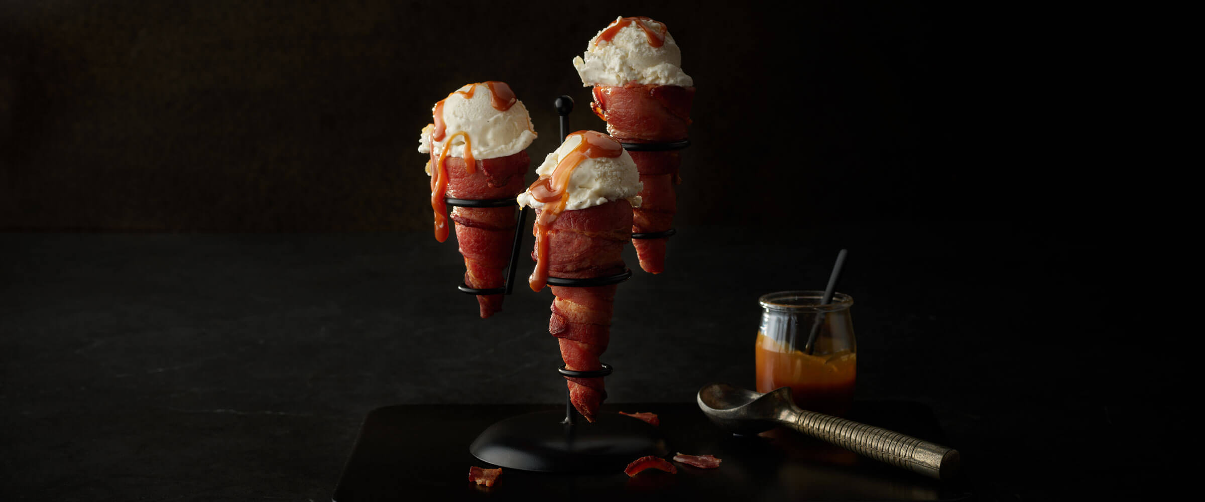 Bacon Ice Cream Cone drizzled with caramel