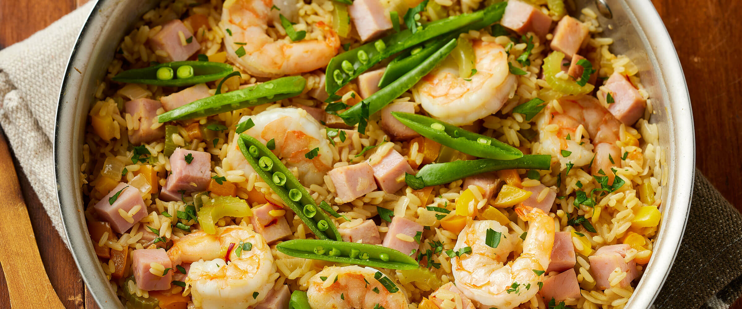 Paella-Style Rice with Ham and Shrimp in bowl