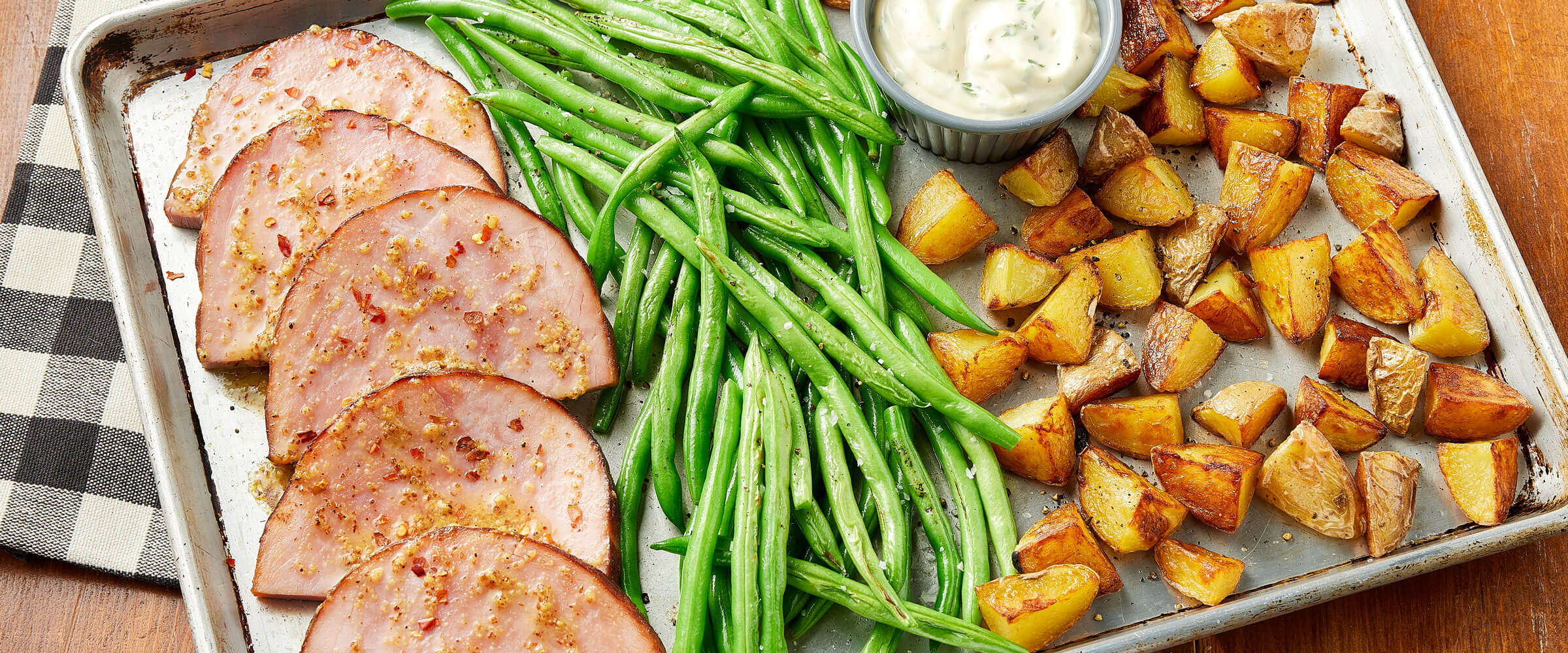 Ham Sheet Pan Dinner with green beans, potatoes and dipping sauce