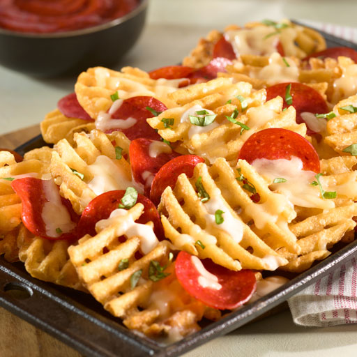 Pepperoni pizza fries on a serving tray
