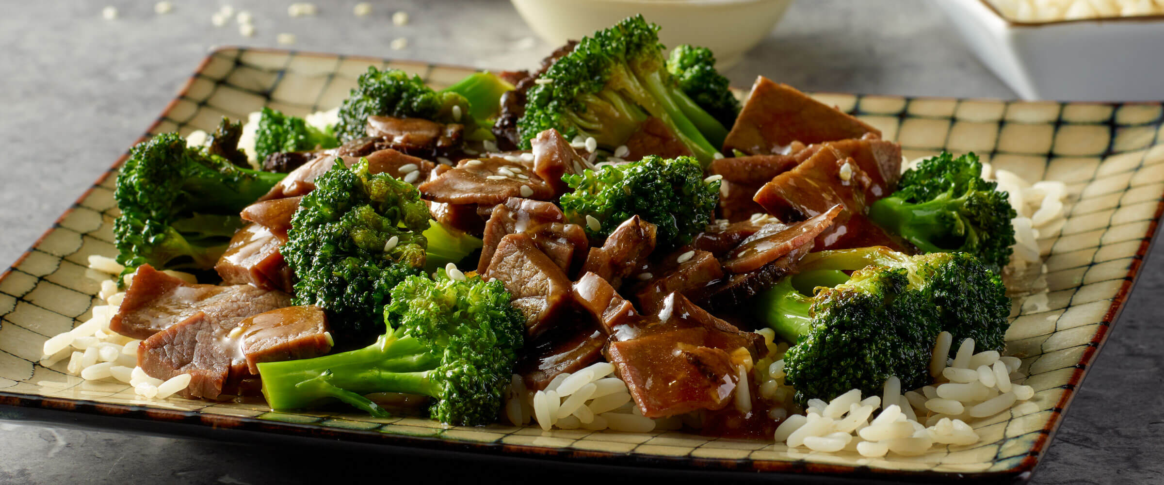 Roast Beef and Broccoli Stir-fry on plate with rice