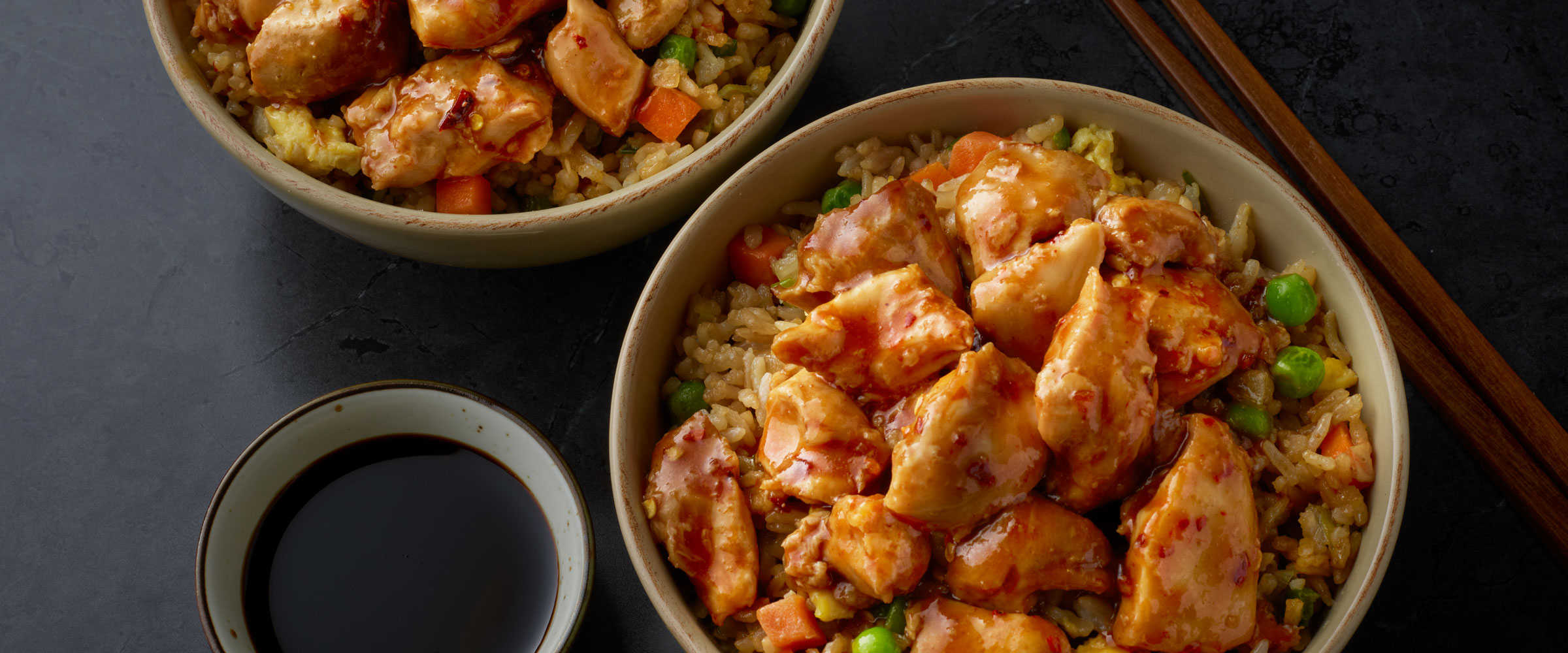 General Tso’s Chicken over Stir Fried Vegetable Fried Rice