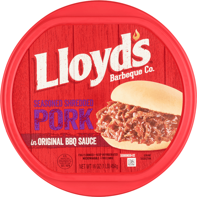 LLOYD’S® Seasoned & Shredded Pork in Original BBQ Sauce package