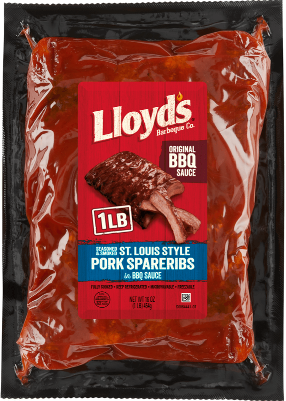 LLOYD’S® Seasoned & Smoked St. Louis Style Spareribs in Original BBQ Sauce (16oz, 1.0LB) package