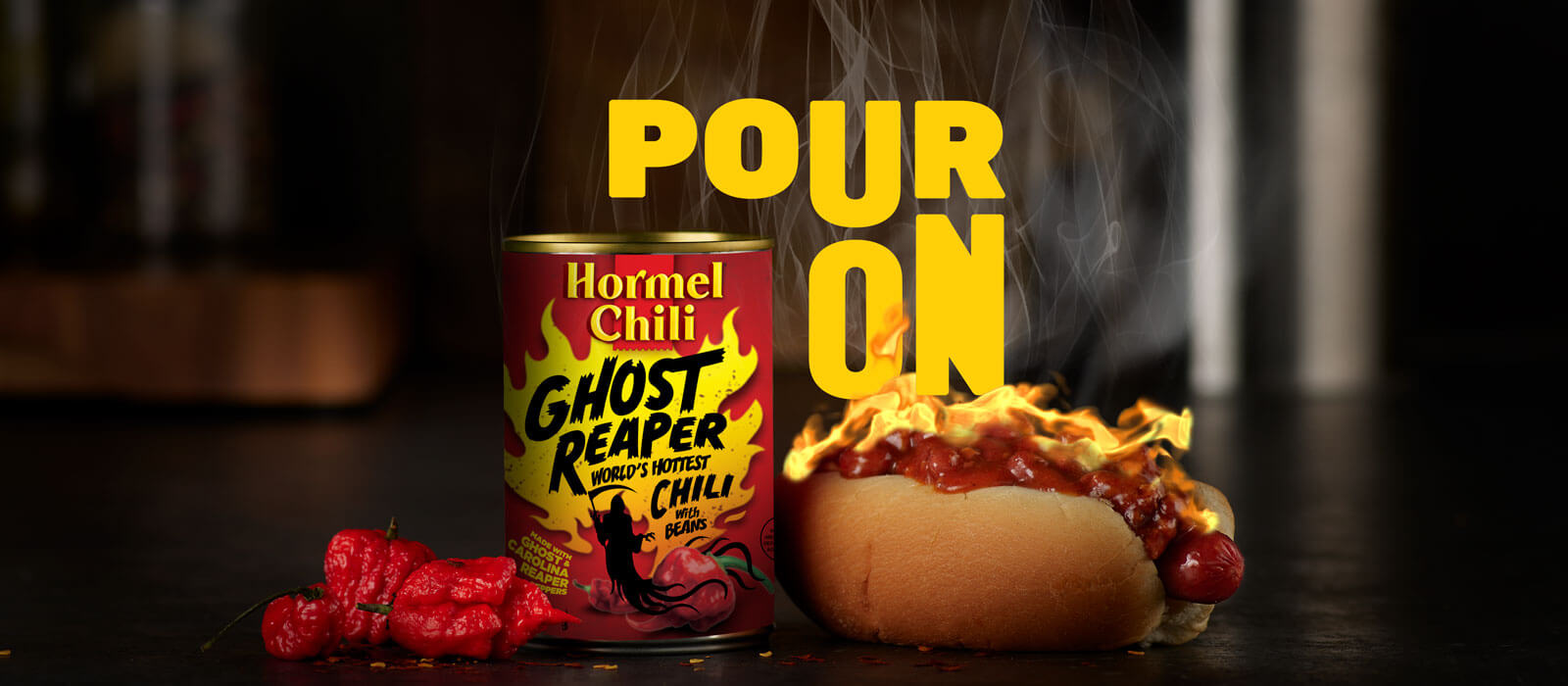 World’s Hottest Chili can with ghost reaper peppers and flaming chili dog