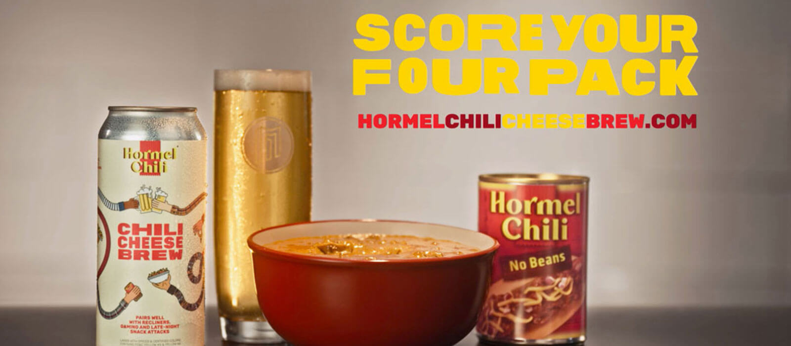 HORMEL® Chili Cheese Brew can with glass filled with beer and a bowl of chili with can