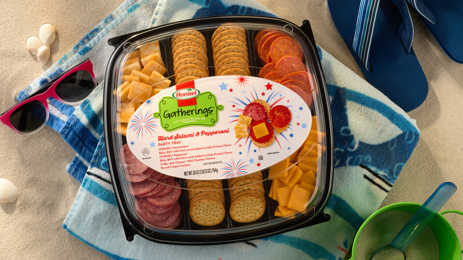 party tray on the beach with sunglasses and flip flops