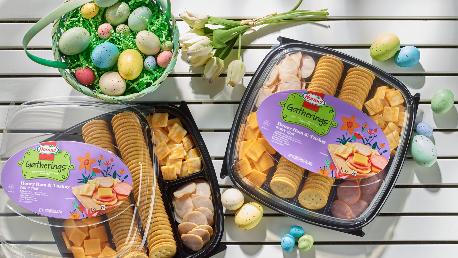 Honey Ham and Turkey party trays with flowers and easter eggs